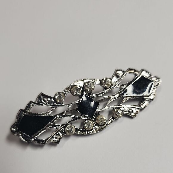 Elegant Black Enamel and Silver Tone Women's Brooch - Picture 1 of 2